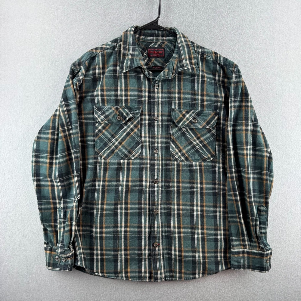 Five Brothers Flannel Shirt Mens XL Green Plaid 100% Cotton Button Up